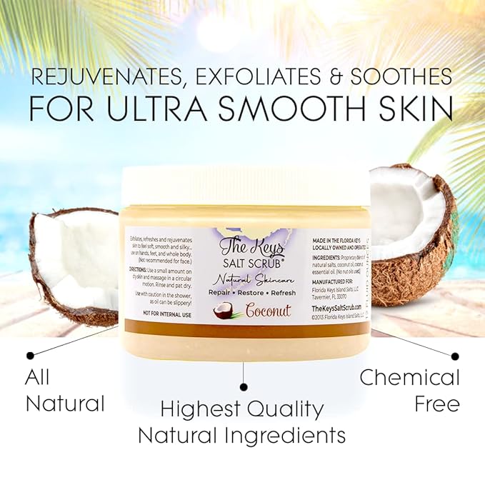The Keys Salt Scrub -Sea Salt Scrub - Exfoliating Body Scrub with Wooden Spoon - Moisturizing Exfoliator for Hands, Foot, Bath, (12 Ounce (Pack of 1), Coconut)