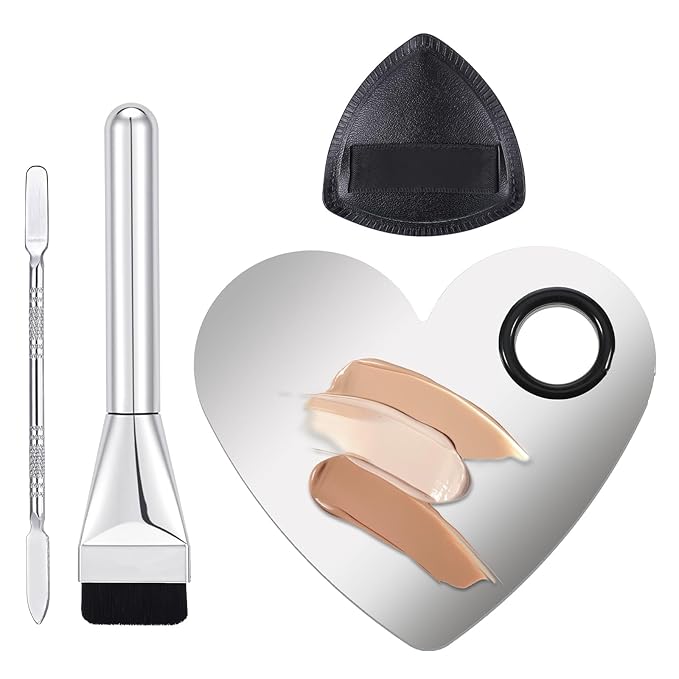 Makeup Mixing Palette Korean Set with Foundation Brush and Spatula, Professional Stainless Steel Heart Makeup Palette Reusable Beauty Tools for Facial Cosmetic,Nail Art,Pigment Blending