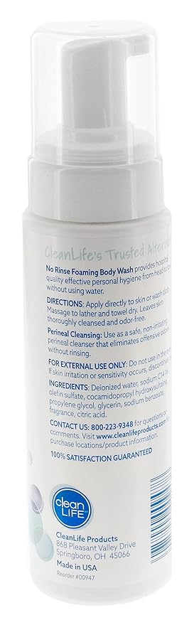 No-Rinse Foaming Body Wash - Waterless Foam Cleanser for Elderly, Adults, Kids, Infants & Caregiver - Rinse-Free for Sensitive Skin - Travel Size - Refreshed & Moisturized Skin - 8 fl oz (Pack of 1)