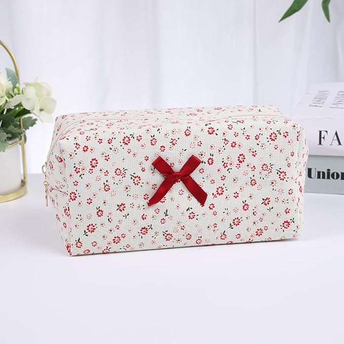 Floral Quilted Cotton Makeup Bag for Women, Large Capacity Travel Cosmetic Pouch with Zipper, Cute Toiletry & Brush Organizer, Kawaii Makeup Storage Case – Red Floral
