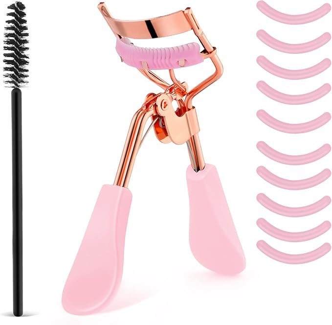 Eyelash Curler Kit Metal Eye Lashes Curler，Professional Makeup Tool with Built-in Comb Eye with 10 Replacement Refill Pads Get Dramatically Curled Eyelashes for Women Girl (Pink)