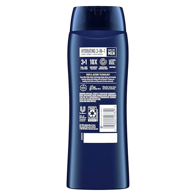 Suave Men Moisturizing Body, Face and Hair Wash, 3-in-1 For Hydrated Skin and Hair, Citrus & Musk scent, No Parabens, No Phtahaltes, 18 Oz, (Pack of 12)