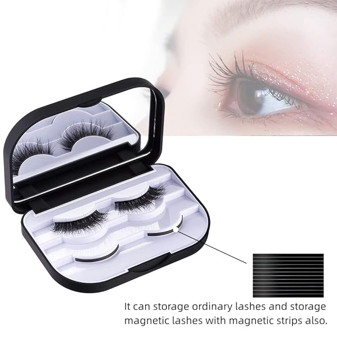 False Eyelash Storage Case with Mirror Lash Organizer Holder Box Empty Makeup Cosmetic Travel Case and 3 Pari Strip Lash Container (Black)