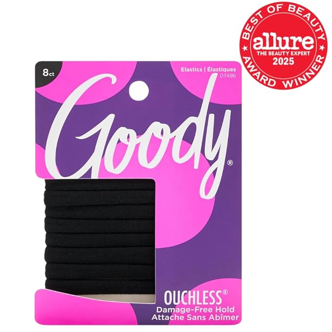 Goody Ouchless Seamless Hair Elastics, 8 Ct, Black, Damage-Free Gentle Hold Elastic Ties, No Snag or Pull, For All Occasions, Chic Styling Accessories for Women & Men, All Hair Types (Pack of 2)