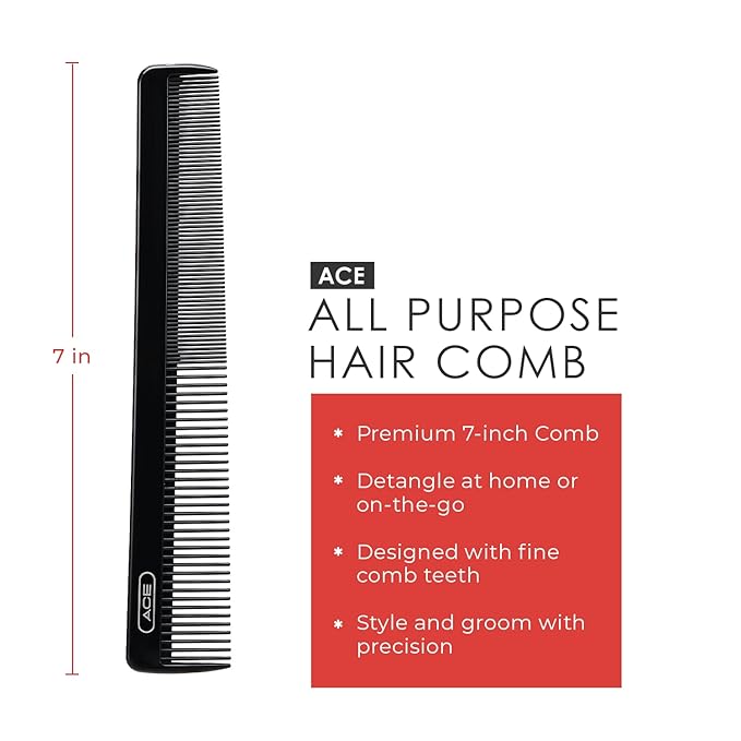 GOODY ACE ACE All Purpose Hair Comb - 7 Inch, Black - Great for All Hair Types - Fine Comb Teeth for Thin to Medium Hair,61286, 1 Count (Pack of 1)