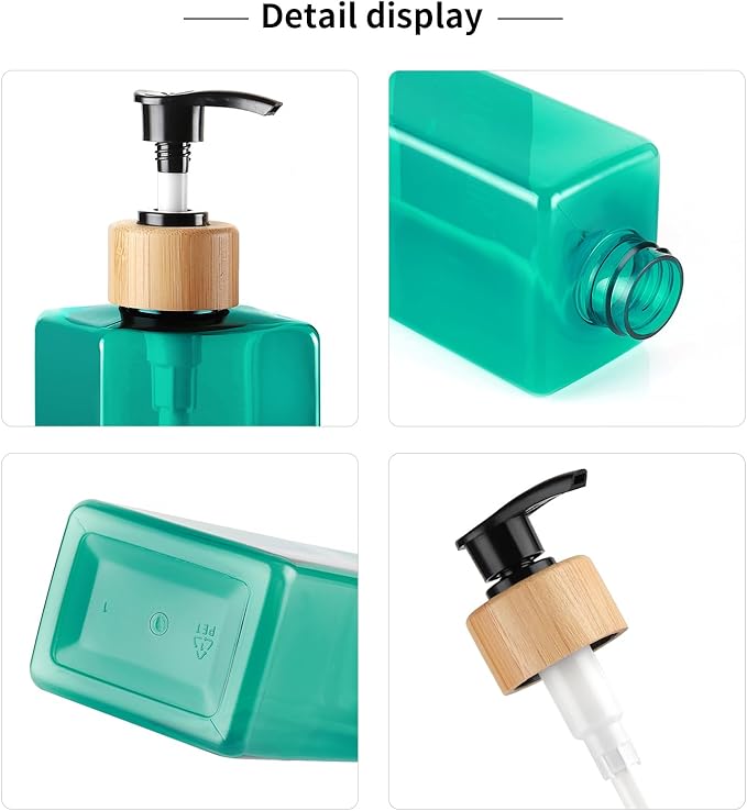 Shampoo and Body soap Dispenser, 16.9 Ounce 3-Pack Reusable Shampoo and Conditioner Bottle, pushable Bamboo Pump Empty Shampoo Bottle, Suitable for Other Bathroom scenarios (Green)