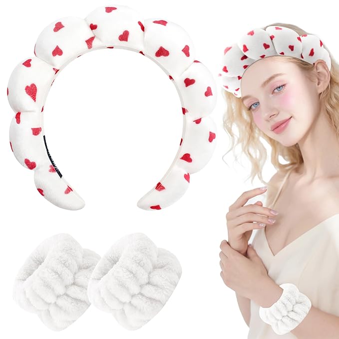 Zkptops Spa Headband for Washing Face Wristband Set Sponge Makeup Skincare Velvet Fabric Bubble Soft Get Ready Hairbands for Women Puffy Headwear Non Slip Thick Thin Hair Accessory (Red Heart)