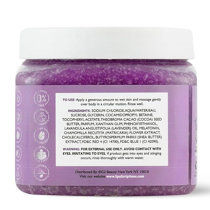 SpaScriptions Lavender & Melatonin Sugar Scrub - Calming Body Scrub Exfoliator With Chamomile, Ideal for Stress Relief & Nighttime Relaxation, Helps Support Smooth, Comfortable, & Balanced Skin, 21 oz