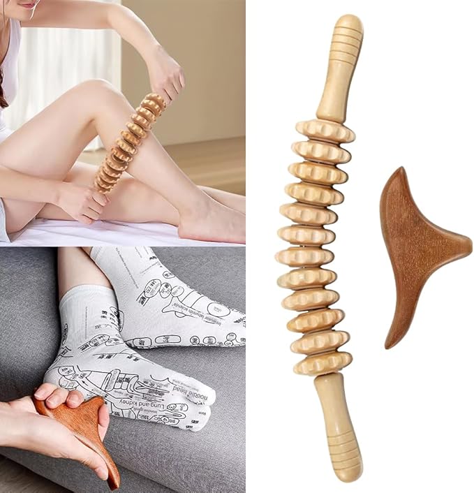 Wooden Massage Roller Stick with Triangle Massager, 12 Rollers Curved Wood Therapy-Massage Tool for Cellulite Reduction and Muscle Tension, 16.9inch