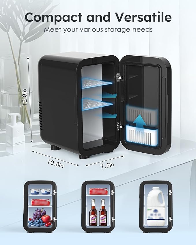 Skincare Fridge with Glass Panel, 6L Mini Fridge for Home/Car, AC/DC Portable Thermoelectric Cooler and Warmer, Makeup Mini Compact Refrigerator for Skincare Cosmetics Food Drinks (Black)