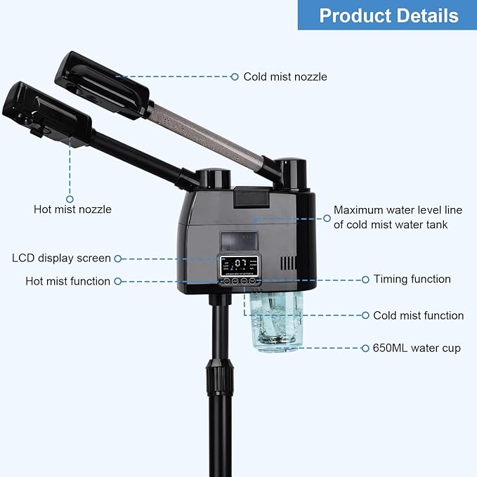 Professional Facial Steamer, 2 in 1 Facial Steamer, Esthetician Steamer with Hot&Cold Nozzle,Digital Face Steamer for Home Beauty Salon Spa