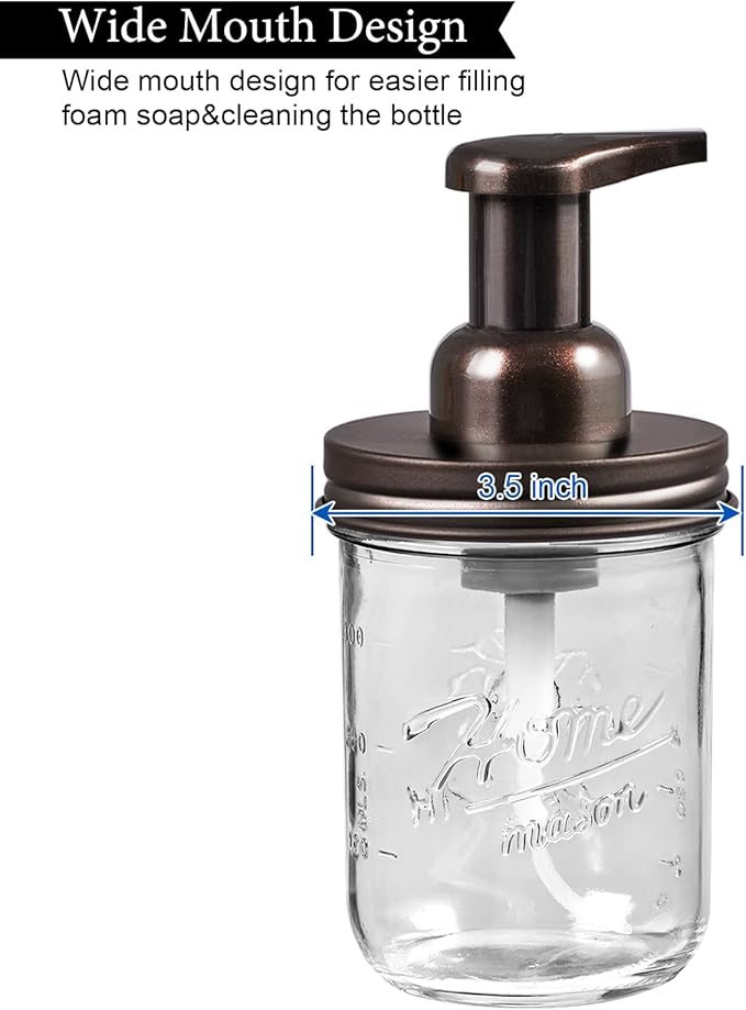 SheeChung Mason Jar Foaming Soap Dispenser, Glass Foaming Hand Soap Dispensers, Stainless Steel Lid, Refillable Foam Soap Dispenser for Bathroom Kitchen, Farmhouse Bathroom Decor (1 Pack, Bronze)