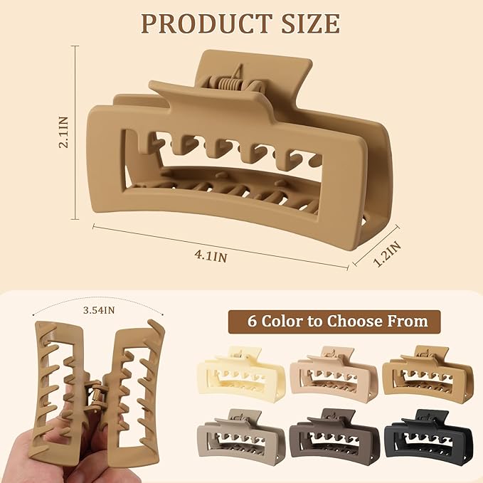 6 PCS Rectangle Hair Clips for Women and girls, 4.1 Inch Extra Large Claw Clips for Thick Thin Hair, Strong Hold Non Slip Big Square Banana Jaw Clips Hair Accessories, Neutral Color