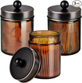 Amber Glass Qtip Holder, Apothecary Jars with ORB Metal Lid & Stickers-Bathroom Qtip Dispenser Storage Organizer Set,Vanity Counter Canister for Cotton Swabs,Round Pads,Floss (3 Pack,ORB)