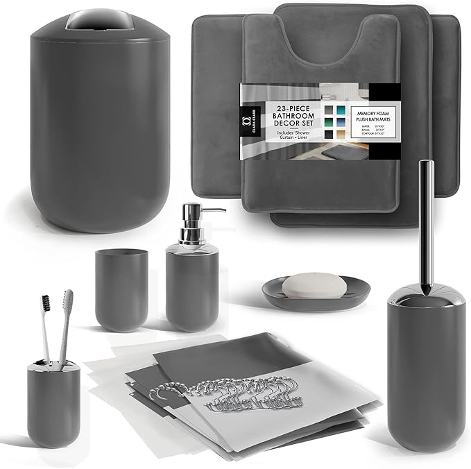 Clara Clark Bathroom Set - Gray Bathroom Accessories Set, Bathroom Sets with Shower Curtain and Rugs, 23PC Shower Curtain Set with Liner, Soap Dispenser, Soap Dish, Toilet Brush Holder, and Trash Can