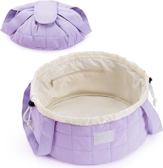 Narwey Quilted Drawstring Makeup Bag, Large Cosmetic Bag Cute Make up Bags Toiletry Bag Travel Bags for Toiletries Organizer for Women Gift for Teen Girls (Purple) (Patent)