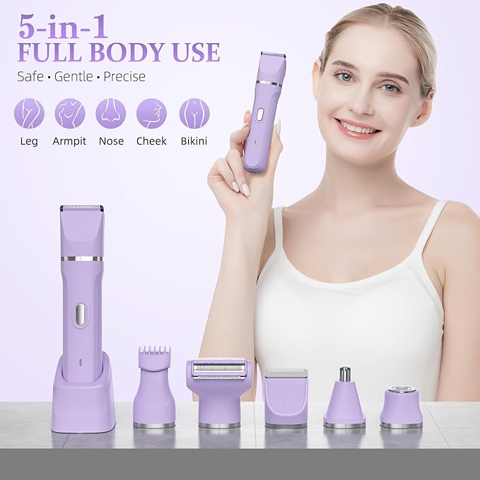 5-in-1 Bikini Trimmer for Women, IPX7 Waterproof Electric Razors Shaver, Cordless Body Hair Trimmer, Facial & Pubic Hair Removal, Ceramic Blade (Purple)