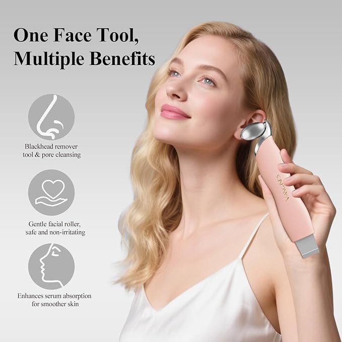 3-in-1 Blackhead Remover Tool with Ice Roller & 2 Silicone Brush Heads - Pore Cleaning Face Spatula, Stainless Steel Skin Scraper for Nose, T-Zone Deep Cleansing (Dusty Rose)