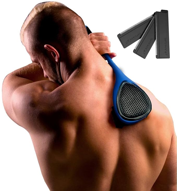 BAKblade 2.0/ELITE PLUS - Back Hair Removal and Body Shaver (DIY), Easy to Use Ergonomic Handle for a Close, Pain-Free Shave, 3 of the Wet or Dry Disposable Razor Blades, Scrubbing Sleeve Included