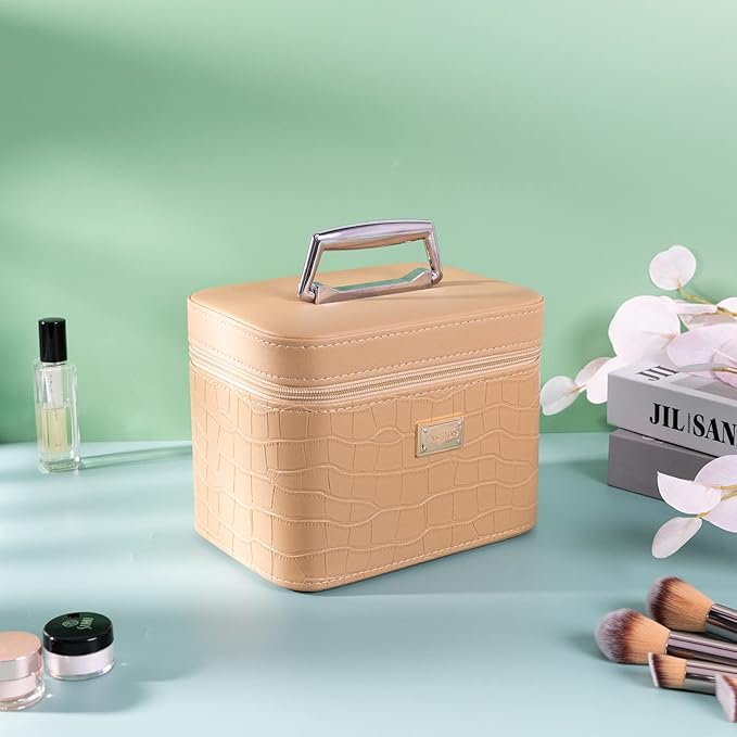 Fashion makeup box, Portable leather hard cosmetic case with mirror, Professional train case make up box for women adults. (Beige)