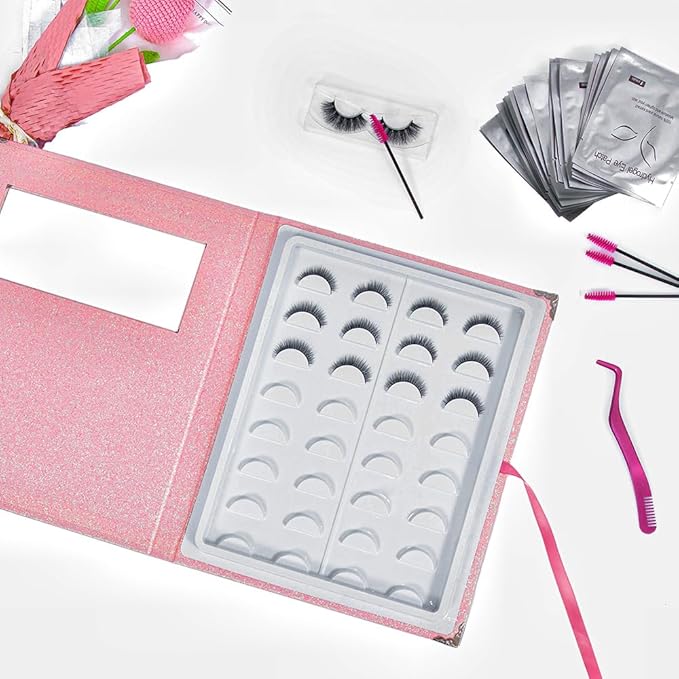 False Eyelash Storage Book Protable 16 Pari Eyelashes Organizer Holder Case Lash Contanier Box Glitter Cover Lash Container Empty Case with Eyelash Tweezer Pink