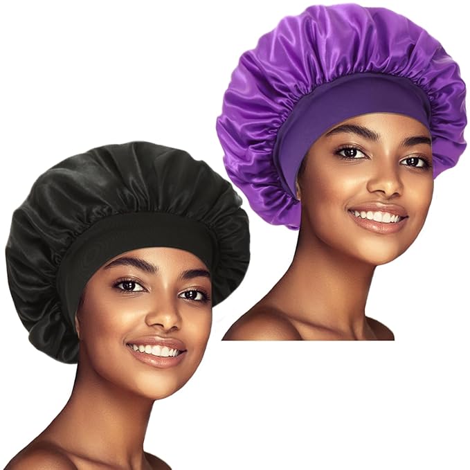 2 Pack Satin Bonnet Silk Bonnet for Sleeping Women, Hair Sleep Bonnets for Women, Wide Soft Band Large Sleep Cap for Curly Hair Braids