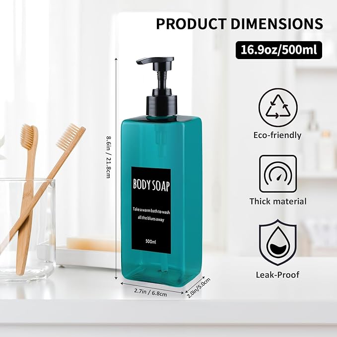 Shampoo and Conditioner Dispenser (Set of 2, 16.9oz) Modern Refillable Shampoo Pump Bottles for Shower Soap - Empty Body Wash Dispenser Set for Bathroom (Blue)