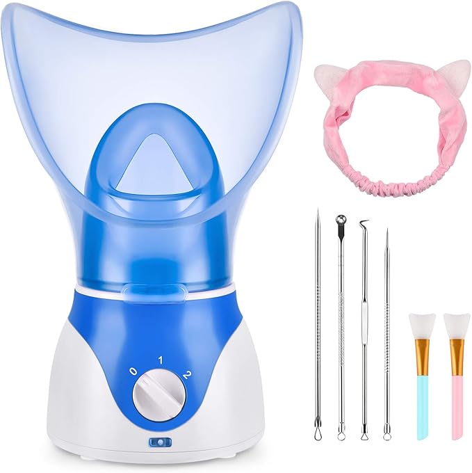 Face Steamer for Facial Deep Cleaning, Facial Steamer for Women, 2 Modes Nano Ionic Facial Steamer for Unclogs Pores, Hydrating, Blue(Include Blackhead Remover Kit, Brush, Headband)