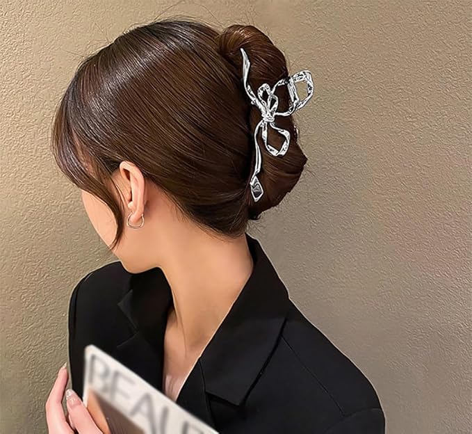 Irregular Sliver Geometry Hair Claw Clips, Elegant Bow Design Barrettes, Large Non-Slip Hair Catch Ornaments and Accessories for Women Bride