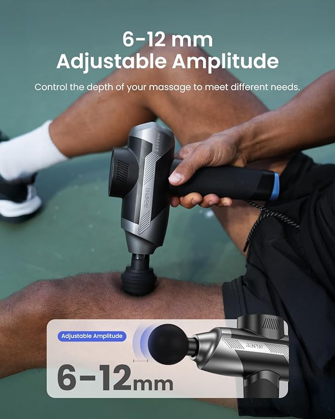RENPHO Ascend Professional Massage Gun, Adjustable 6-12mm Amplitude for Customized Intensity, Deep Tissue Percussion Massager with 5 Speeds, 5 Attachments, Travel Case, FSA Eligible HSA