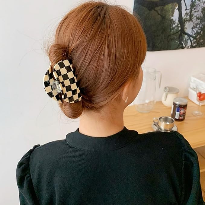 Checkered Hair Claw Clips, Acrylic Multicolored Semicircle Checker Barrettes for Women Ladies Medium Cute Non Slip Hair Jaw Clips Strong Hold Claw Clamps Hair Accessories for Thin Thick Hair (4 Pack)