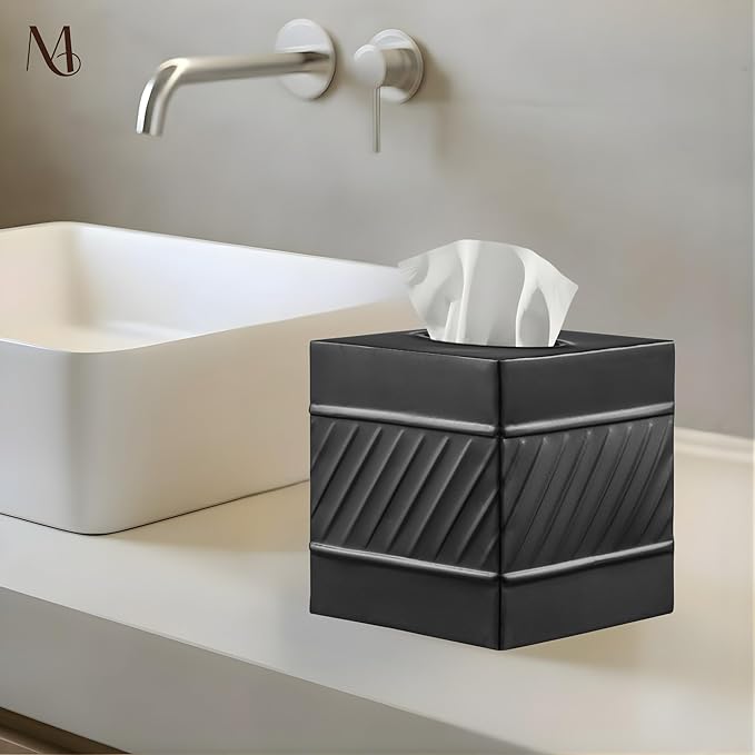Monarch Abode Tissue Box Cover Square – Handcrafted Wave Embossed Black Metal Tissue Holder Box for Bathroom Accessory, Aesthetic Decorative Facial Napkin Cube for Modern Home Decor