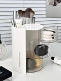 gugululu 3-Layer Clear Hair Accessories Organizer with Hair Brushes Holder, Rotatable Storage Box Desktop Organizer Case for Makeup Brushes, Cotton Swab, Beauty Sponge, Powder Puff (White)