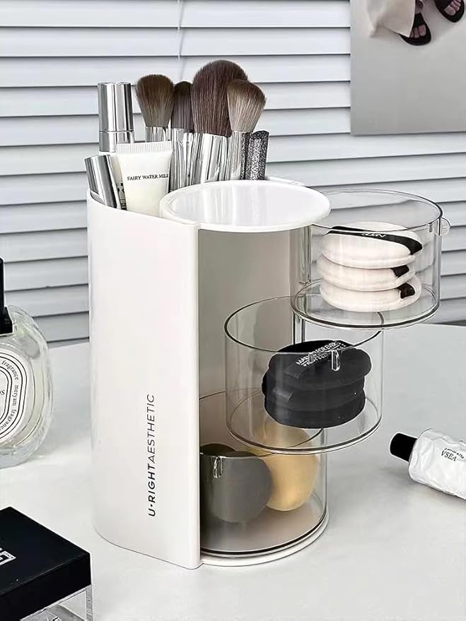 gugululu 3-Layer Clear Hair Accessories Organizer with Hair Brushes Holder, Rotatable Storage Box Desktop Organizer Case for Makeup Brushes, Cotton Swab, Beauty Sponge, Powder Puff (White)