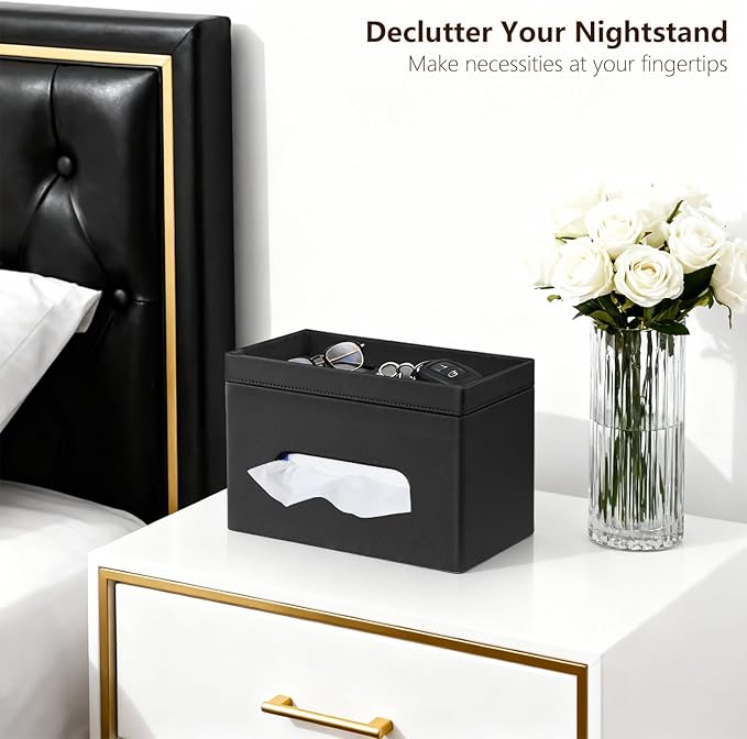Fanousy Large Tissue Box Cover Rectangle with Tray on Top, PU Leather Facial Tissue Holder with Storage, Fits 230-Count Family Size Kleenex, Modern Nightstand Organizer for Bathroom Office Home Decor