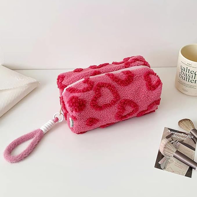 SxoSyo Makeup Bag for Women Cosmetic Bags Large Make up Brushes Pouch Travel Toiletry Purse Zipper Storage Organizer for Gifts (heart, rose pink)