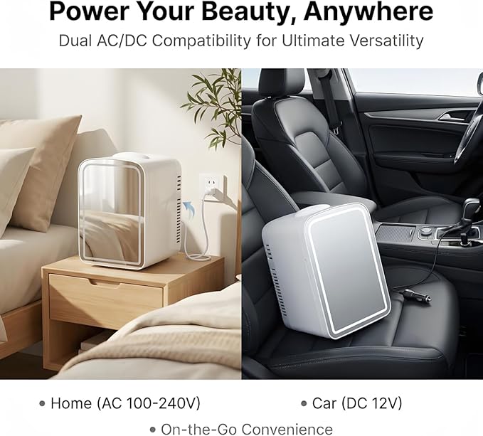 4L Mini Skincare Fridge with Dimmable LED Mirror, Portable Beauty Refrigerator for Makeup, Cosmetic, Personal Small Refrigerator with Cooler and Warmer for Bedroom, Office and Car (White-4L-LED light)