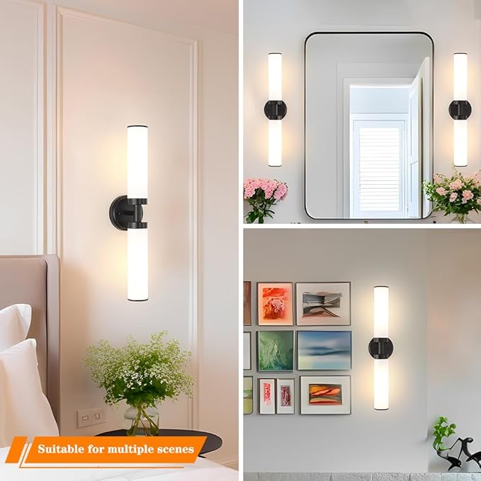 Matte Black Wall Sconces Set of 2, Modern Bathroom Vanity Lights for Mirror, Wall Light Fixtures with Milk Glass for Bathroom, Bedroom, Hallway, E26 Base, Bulbs Required, 22.05 Inch