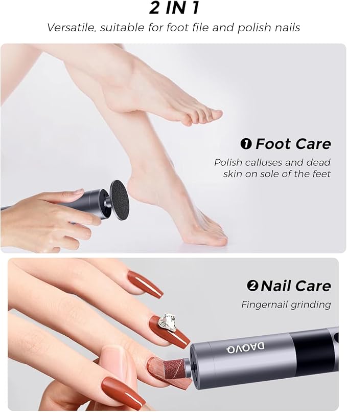 Electric Foot Callus Remover, 2-in-1 Cordless Pedicure Tools for Feet and Nail File with 80PCS Sandpaper Discs(3 Sizes), Aluminum Body with Adjustable Speed for Dead Skin, Cracked Heels & Home