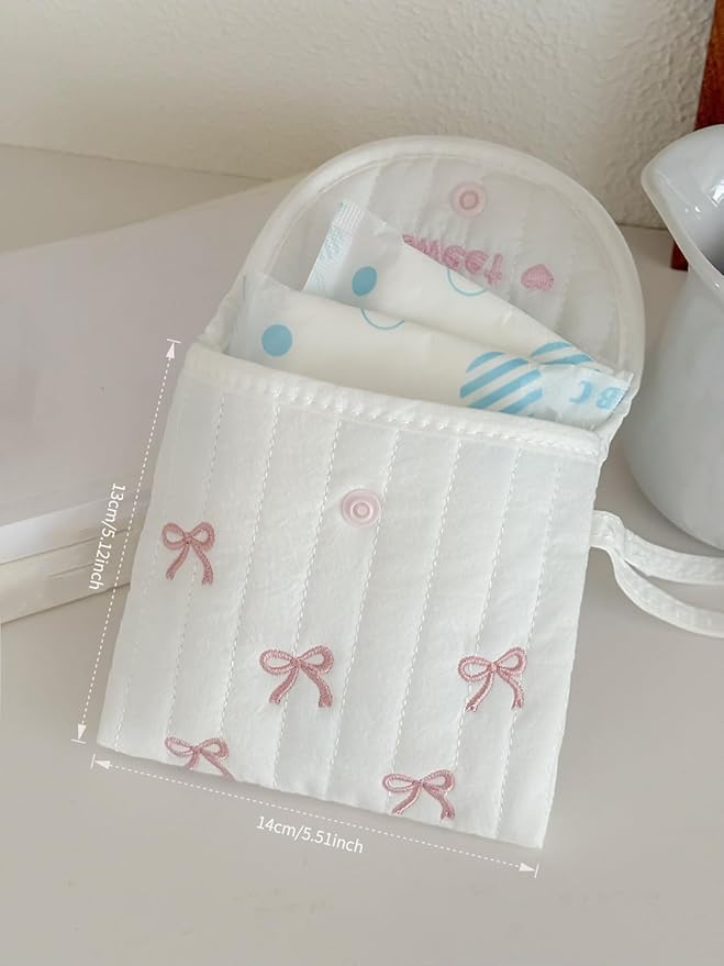 Period Bag Pouch for Girls and Women, Discreet Quilted Sanitary Pad and Tampon Bag for School Travel, Cute Embroidered Feminine Hygiene Organizer, Menstrual Product Holder
