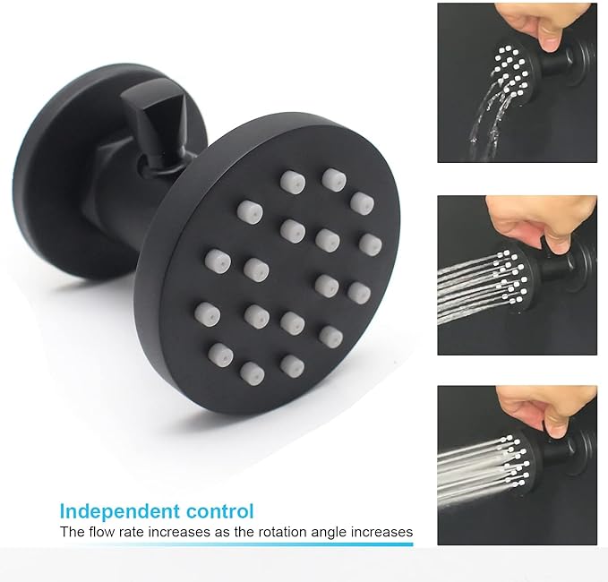 2-Inch Brass Shower Body Spray Jets with On Off Switch Round Showerhead Body Sprays Wall Mount Massage Spa Jet, 2-Function, Flow control and 360° rotation (Matte Black)