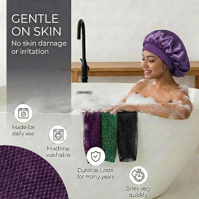African Net Sponge, Exfoliating Body Scrubber, Soft Satin Silk Bonnet for Men Women Hair Bonnet for Sleeping, Double Layer Silk Sleep Cap, Purple, HomeyVenture