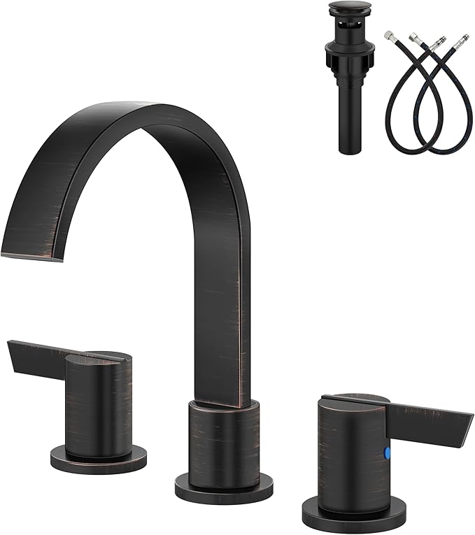 Aolemi Bathroom Faucets 3 Hole,8 Inch Widespread Waterfall Bathroom Sink Faucet,2 Handles Vanity Faucet with Pop-up Drain and Supply Hose,Oil Rubbed Bronze