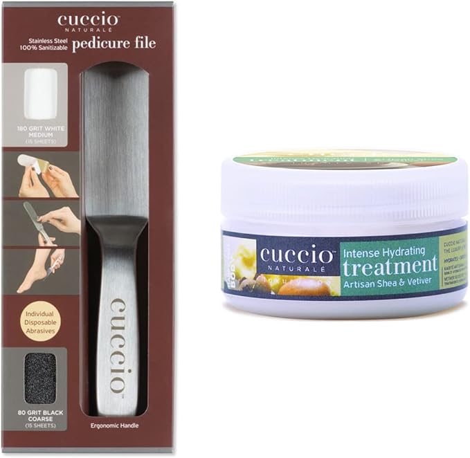 Cuccio Professional Stainless Steel Pedicure File with Artisan Shea Intense Hydrating Lotion 8oz, 2 Piece Set