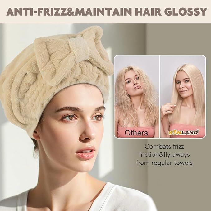 SUNLAND Large Microfiber Hair Drying Caps with Bow Knot Fast Drying Shower Cap Soft and Absorbent hairWrap Hair Turban Bath Caps for Curly Thick and Wet Hair