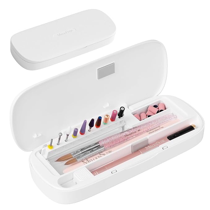 MelodySusie Acrylic Nail Tool Storage Box, Portable Dustproof Stand Displayer Holder Organizer Container Manicure Efile Accessories Nail Drill Kit Case, Travel Salon Home, White(Only Box)