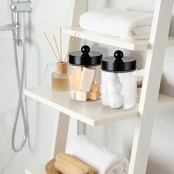 3PC Farmhouse Decor Qtip Holder Apothecary Jars Bathroom Vanity Storage Organizer -Countertop Canister Container &Cute Stickers for Cotton Swab, Ball,Pad,Floss ,Paper Clips (Black，Plastic)