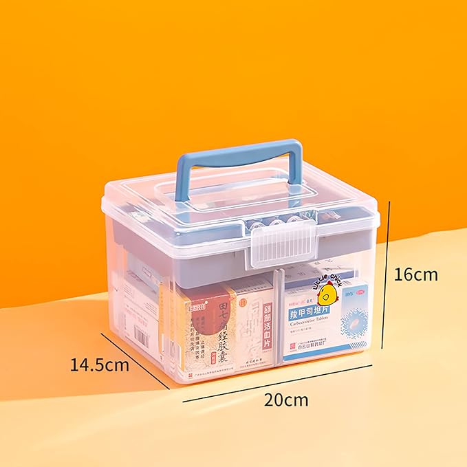 Clear Small Plastic Storage Box with Handle & A Removable Tray & Adjustable Divider, Kids Students Children Art Box, Desk Organiser Case, Medicine Storage Box (Clear & Ocean Blue)