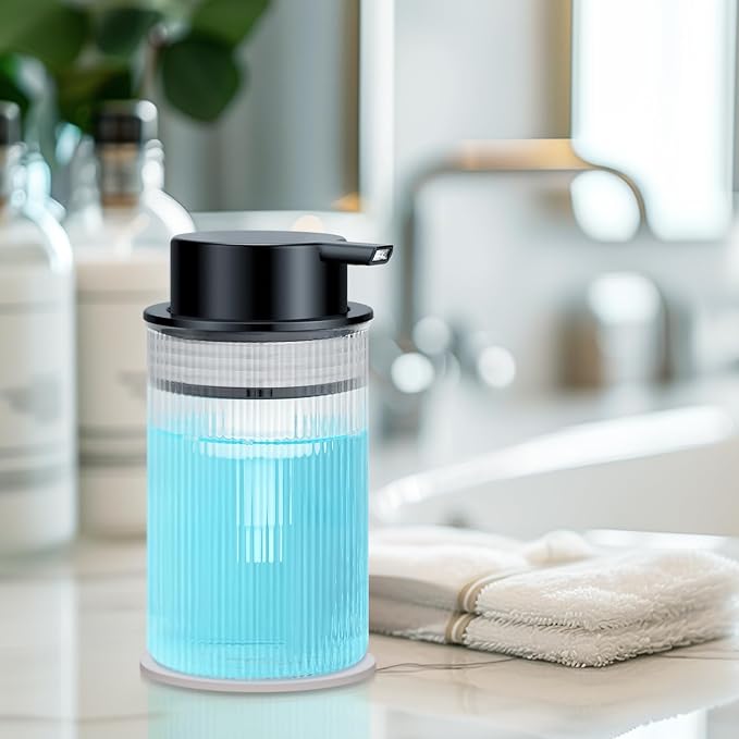 NiHome 14oz Multifunctional Glass Foaming Hand Soap Dispenser with Elegant Stripe Pattern, High-Capacity Easy to Refill for Home & Commercial Use, Advanced Foam Pump & Non-Slip Base (Frosted Black)