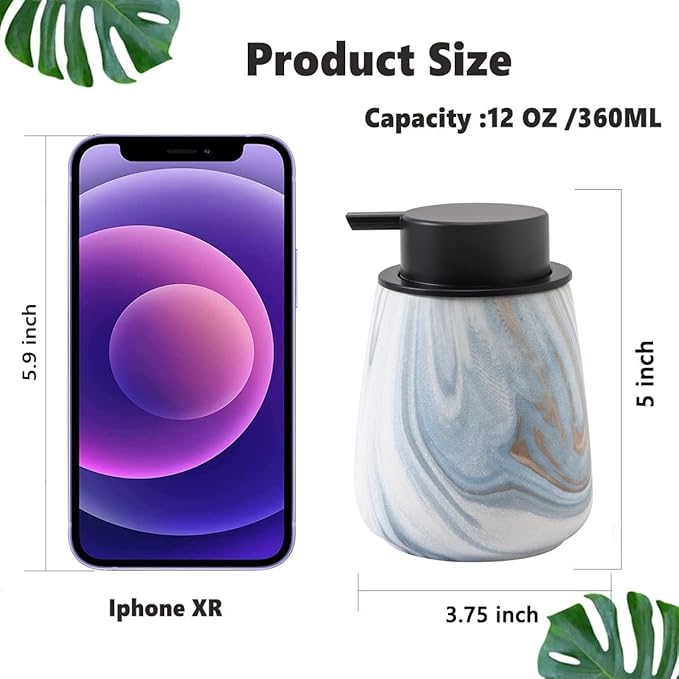 12Oz Ceramic Liquid Soap Dispenser - Modern Lotion Hand Soap Dispenser with Easy-to-Press Black Pump, Reusable and Refillable Dish Soap Dispensers for Bathroom & Kitchen, Marble Blue